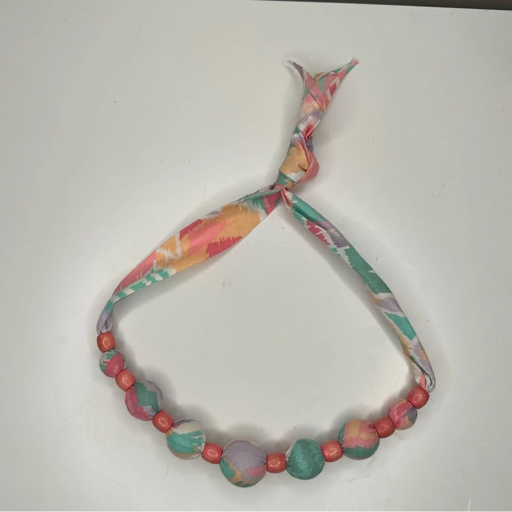 VTG 80s Fabric Wrapped Bead Necklace Multicolor Statement Adjustable Tie Jewelry - Picture 5 of 6